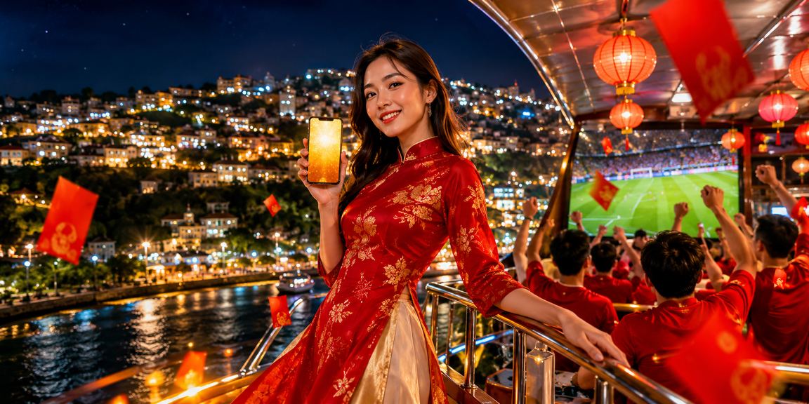 Người dùng điện thoại đăng ký tài khoản nhận thưởng dưới ánh đèn lồng rực rỡ tại Đà Lạt
